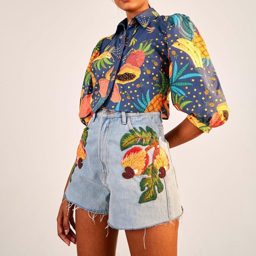 Farm Rio Ultra High-Rise Embroidered Denim Shorts